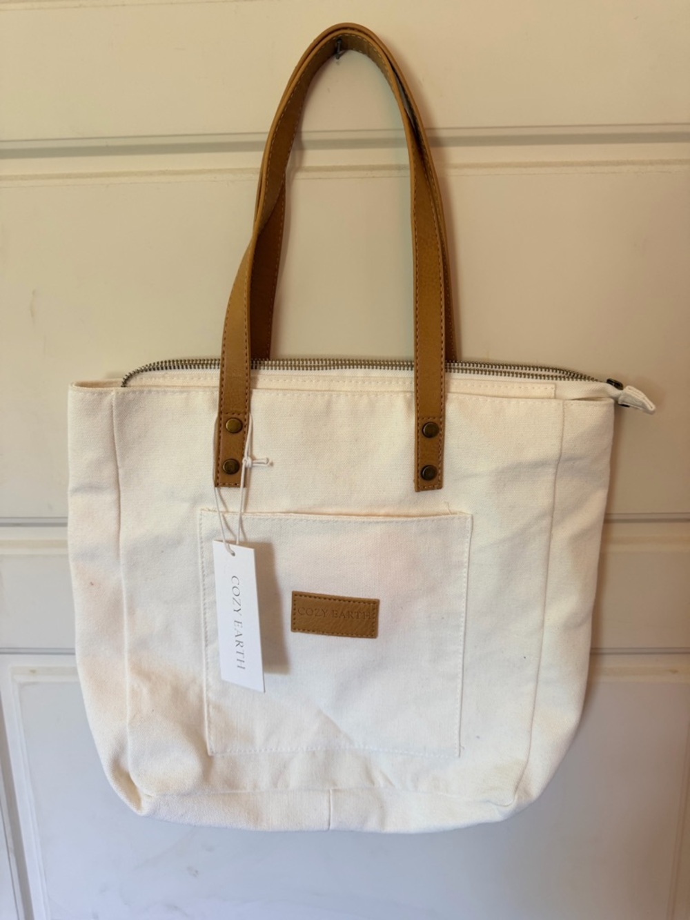 Cozy Earth Cream Canvas Tote with Tan Handles